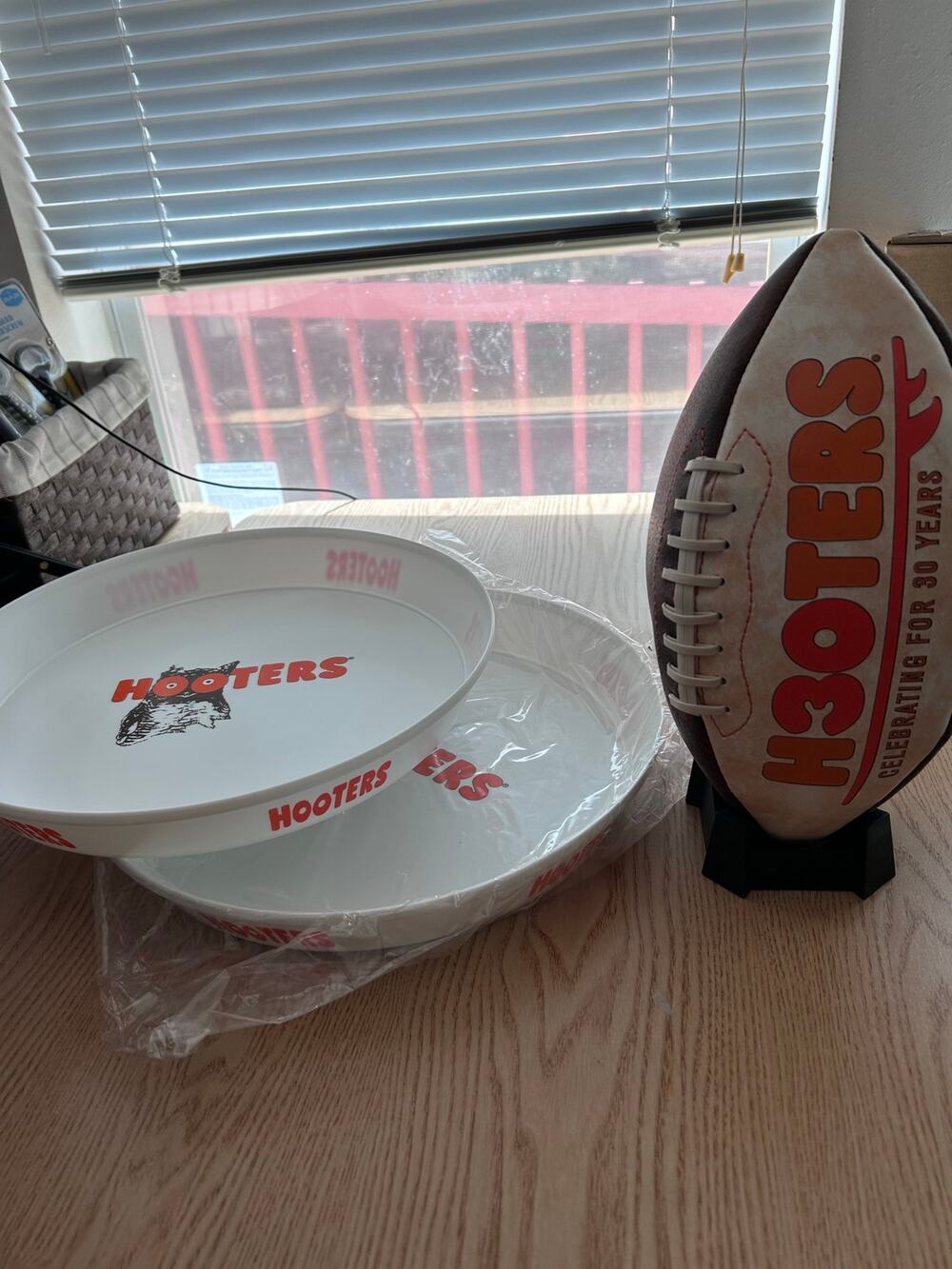 New 2-Hooters Girl Server Food Drinks Trays 13.1/4”x2” Hard Plastic & 1-Football